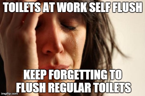 First World Problems Meme | TOILETS AT WORK SELF FLUSH KEEP FORGETTING TO FLUSH REGULAR TOILETS | image tagged in memes,first world problems | made w/ Imgflip meme maker