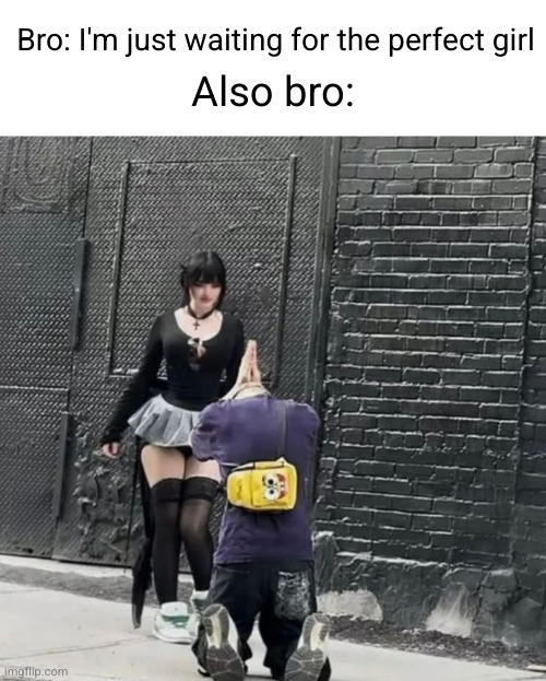 not desperate | Bro: I'm just waiting for the perfect girl; Also bro: | image tagged in funny,goth girl,goth,begging,dating,desperate | made w/ Imgflip meme maker