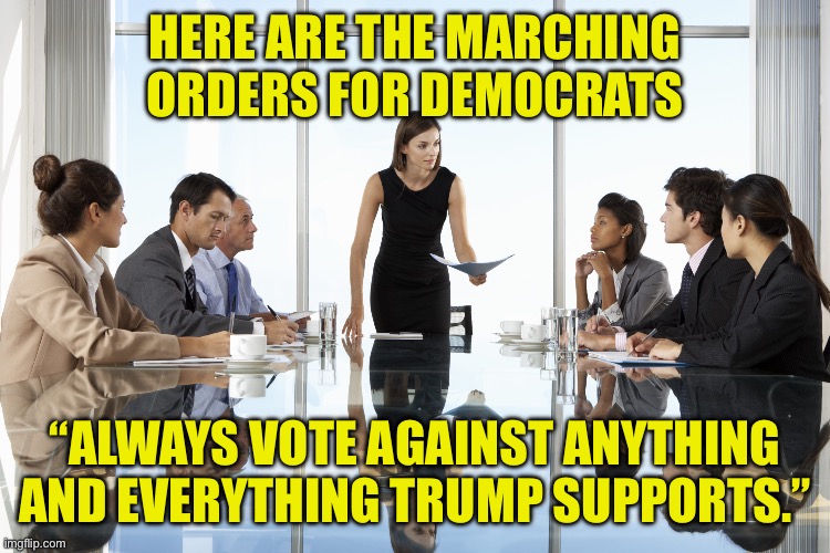 Boardroom meeting | HERE ARE THE MARCHING ORDERS FOR DEMOCRATS “ALWAYS VOTE AGAINST ANYTHING AND EVERYTHING TRUMP SUPPORTS.” | image tagged in boardroom meeting | made w/ Imgflip meme maker