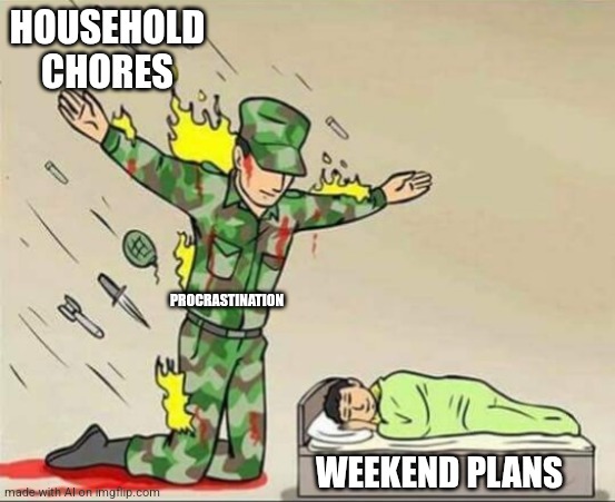 Real | HOUSEHOLD CHORES; PROCRASTINATION; WEEKEND PLANS | image tagged in soldier protecting sleeping child | made w/ Imgflip meme maker