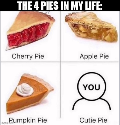 Pies | THE 4 PIES IN MY LIFE: | image tagged in pie,cherry,apple,pumpkin,cutie | made w/ Imgflip meme maker