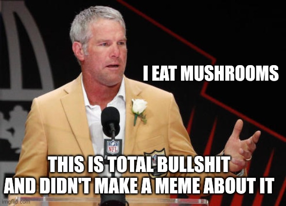 Brett F | THIS IS TOTAL BULLSHIT AND DIDN'T MAKE A MEME ABOUT IT I EAT MUSHROOMS | image tagged in brett f | made w/ Imgflip meme maker