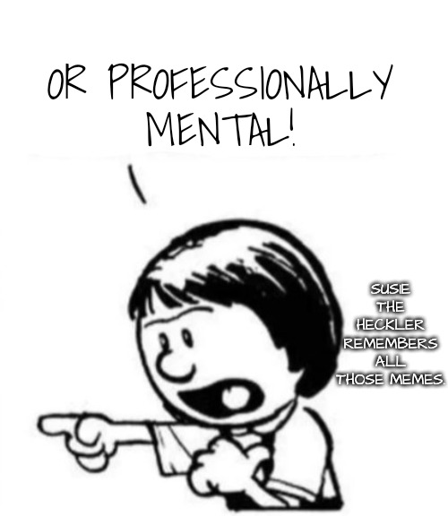 Susie yelling at Calvin | OR PROFESSIONALLY MENTAL! SUSIE THE HECKLER REMEMBERS ALL THOSE MEMES. | image tagged in susie yelling at calvin | made w/ Imgflip meme maker