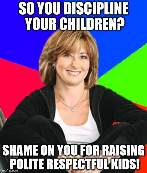 Sheltering Suburban Mom | SO YOU DISCIPLINE YOUR CHILDREN? SHAME ON YOU FOR RAISING POLITE RESPECTFUL KIDS! | image tagged in memes,sheltering suburban mom | made w/ Imgflip meme maker
