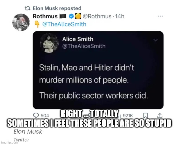 Elons repost | RIGHT ... TOTALLY 

SOMETIMES I FEEL THESE PEOPLE ARE SO STUPID | image tagged in elon sucks,elon facist | made w/ Imgflip meme maker