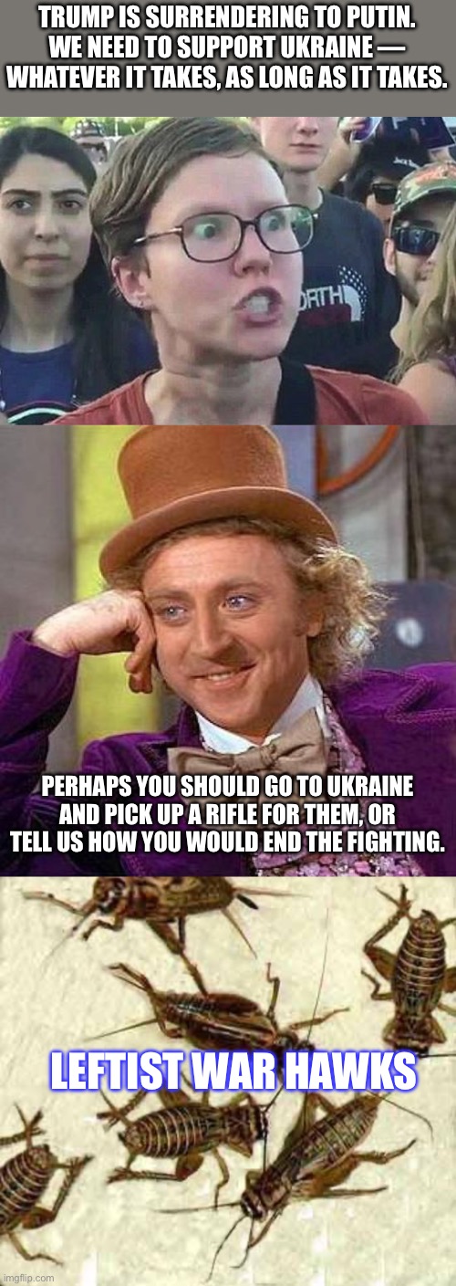 Every time. | TRUMP IS SURRENDERING TO PUTIN. WE NEED TO SUPPORT UKRAINE — WHATEVER IT TAKES, AS LONG AS IT TAKES. PERHAPS YOU SHOULD GO TO UKRAINE AND PICK UP A RIFLE FOR THEM, OR TELL US HOW YOU WOULD END THE FIGHTING. LEFTIST WAR HAWKS | image tagged in triggered liberal,memes,creepy condescending wonka,crickets | made w/ Imgflip meme maker