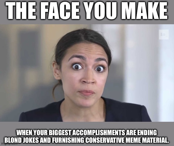 AOC Stumped | THE FACE YOU MAKE; WHEN YOUR BIGGEST ACCOMPLISHMENTS ARE ENDING BLOND JOKES AND FURNISHING CONSERVATIVE MEME MATERIAL. | image tagged in aoc stumped | made w/ Imgflip meme maker