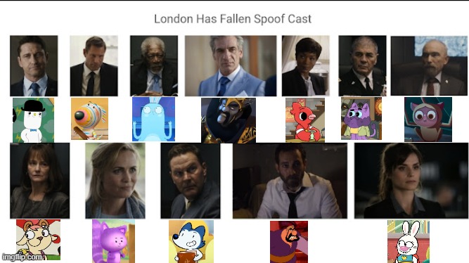 Credit to Mico the Ninjago Fan 2024 for this used | image tagged in meme,spoof cast,london has fallen,memes,characters,roles | made w/ Imgflip meme maker