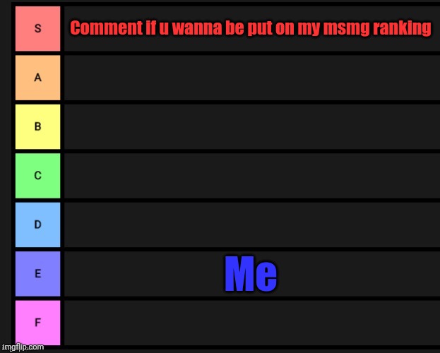 Tier List | Comment if u wanna be put on my msmg ranking; Me | image tagged in tier list | made w/ Imgflip meme maker