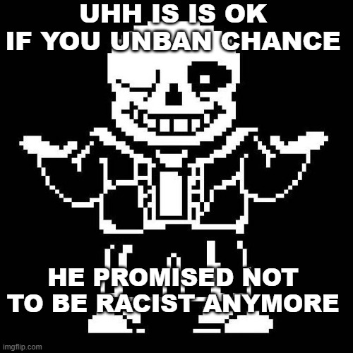 sans undertale | UHH IS IS OK IF YOU UNBAN CHANCE; HE PROMISED NOT TO BE RACIST ANYMORE | image tagged in sans undertale | made w/ Imgflip meme maker