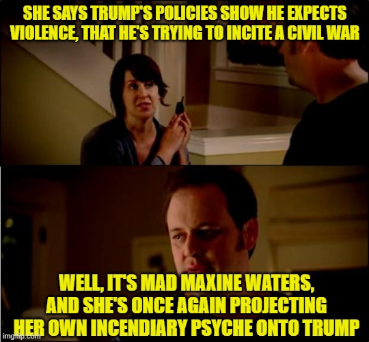 Projection | SHE SAYS TRUMP'S POLICIES SHOW HE EXPECTS VIOLENCE, THAT HE'S TRYING TO INCITE A CIVIL WAR; WELL, IT'S MAD MAXINE WATERS, AND SHE'S ONCE AGAIN PROJECTING HER OWN INCENDIARY PSYCHE ONTO TRUMP | image tagged in army chick state farm,donald trump,maxine waters,violence,civil war | made w/ Imgflip meme maker