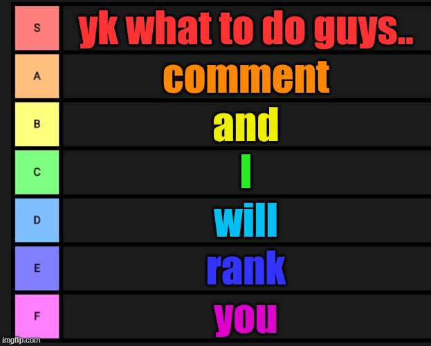 . | yk what to do guys.. comment; and; I; will; rank; you | image tagged in tier list | made w/ Imgflip meme maker