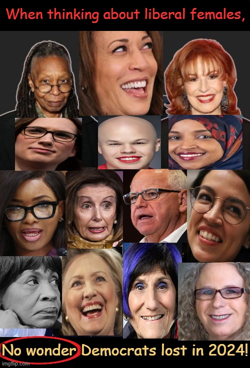 What a motley crew!! | When thinking about liberal females, No wonder Democrats lost in 2024! | image tagged in political humor,funny because it's true,ilhan mad max the view omar tim walz,crazy,wth,kamala aoc sam rachel sarah | made w/ Imgflip meme maker