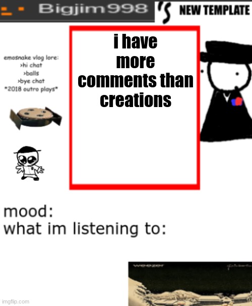 bigjim998s NEW AND IMPROVED TEMPLATE | i have more comments than creations | image tagged in bigjim998s new and improved template | made w/ Imgflip meme maker