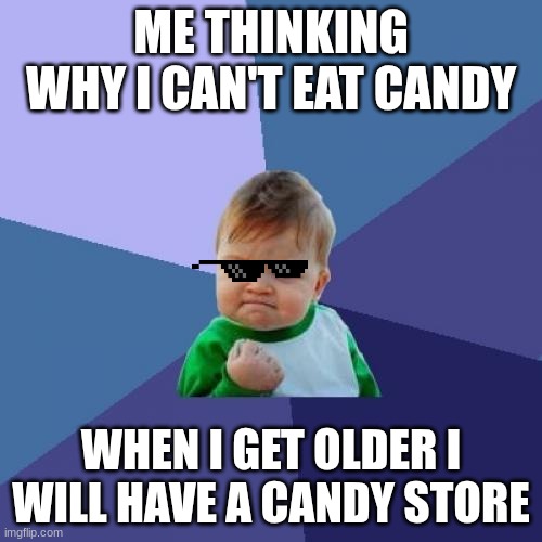 Candy store | ME THINKING WHY I CAN'T EAT CANDY; WHEN I GET OLDER I WILL HAVE A CANDY STORE | image tagged in memes,success kid | made w/ Imgflip meme maker