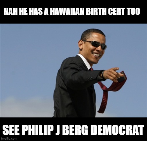 Cool Obama Meme | NAH HE HAS A HAWAIIAN BIRTH CERT TOO SEE PHILIP J BERG DEMOCRAT | image tagged in memes,cool obama | made w/ Imgflip meme maker