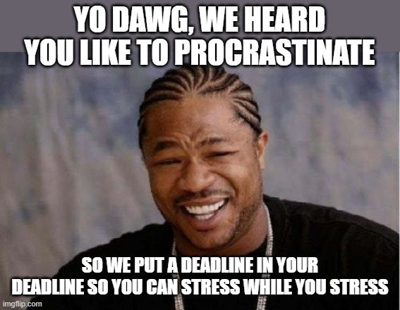 Like To Procastinate? | YO DAWG, WE HEARD YOU LIKE TO PROCRASTINATE; SO WE PUT A DEADLINE IN YOUR DEADLINE SO YOU CAN STRESS WHILE YOU STRESS | image tagged in memes,yo dawg heard you | made w/ Imgflip meme maker