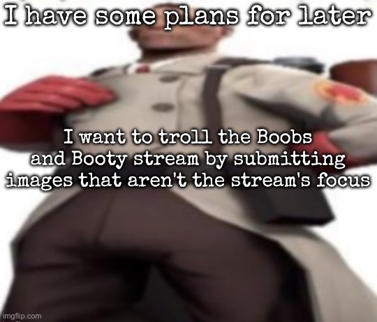 Ik it ain't getting approved | I have some plans for later; I want to troll the Boobs and Booty stream by submitting images that aren't the stream's focus | image tagged in ze medic,msmg | made w/ Imgflip meme maker