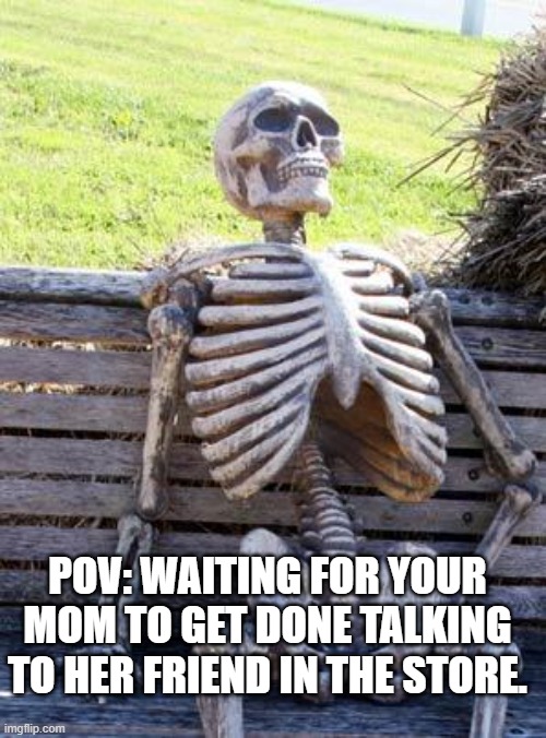 Waiting Skeleton | POV: WAITING FOR YOUR MOM TO GET DONE TALKING TO HER FRIEND IN THE STORE. | image tagged in memes,waiting skeleton | made w/ Imgflip meme maker