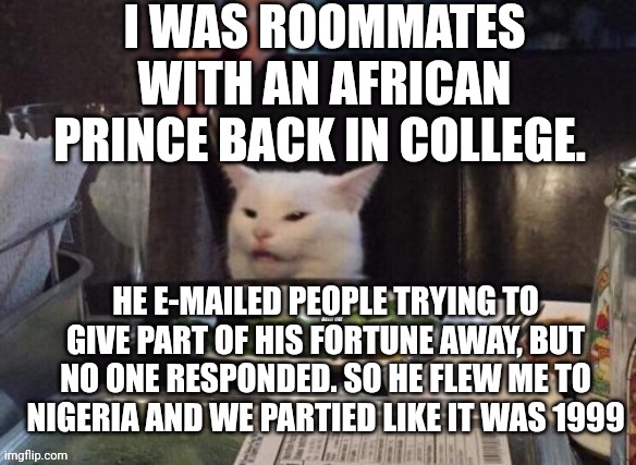 Smudge that darn cat | I WAS ROOMMATES WITH AN AFRICAN PRINCE BACK IN COLLEGE. HE E-MAILED PEOPLE TRYING TO GIVE PART OF HIS FORTUNE AWAY, BUT NO ONE RESPONDED. SO HE FLEW ME TO NIGERIA AND WE PARTIED LIKE IT WAS 1999 | image tagged in smudge that darn cat | made w/ Imgflip meme maker