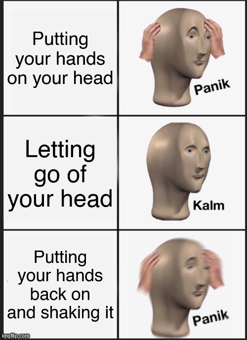 Anti-meme | Putting your hands on your head; Letting go of your head; Putting your hands back on and shaking it | image tagged in memes,panik kalm panik | made w/ Imgflip meme maker