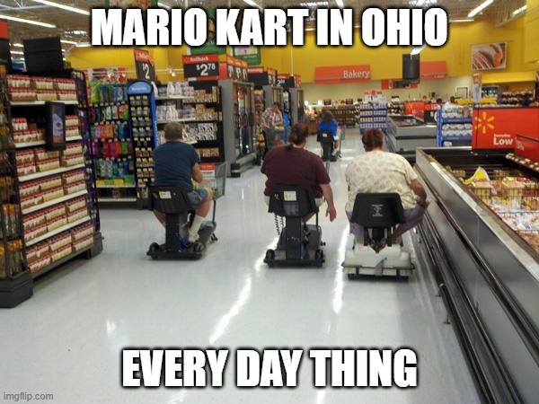 Walmart racing | MARIO KART IN OHIO; EVERY DAY THING | image tagged in walmart racing | made w/ Imgflip meme maker