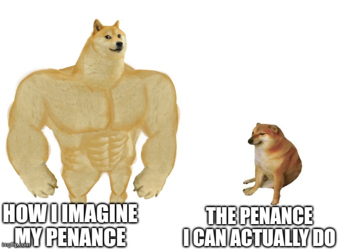 Big dog small dog | THE PENANCE I CAN ACTUALLY DO; HOW I IMAGINE MY PENANCE | image tagged in big dog small dog | made w/ Imgflip meme maker