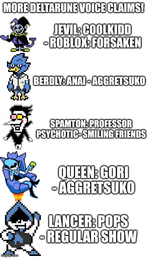 Lancer was a little rushed | MORE DELTARUNE VOICE CLAIMS! JEVIL: C00LKIDD - ROBLOX: FORSAKEN; BERDLY: ANAI - AGGRETSUKO; SPAMTON: PROFESSOR PSYCHOTIC- SMILING FRIENDS; QUEEN: GORI - AGGRETSUKO; LANCER: POPS - REGULAR SHOW | image tagged in memes,blank transparent square | made w/ Imgflip meme maker