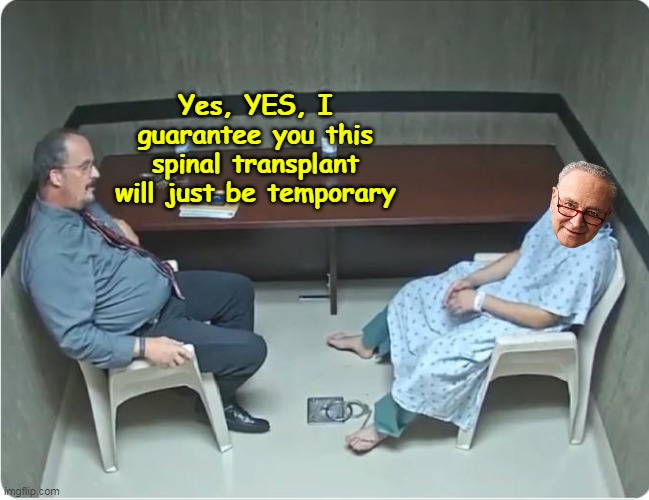 Caves on shutdown ? Bought a pair? Brain Aneurysm ? | Yes, YES, I guarantee you this spinal transplant will just be temporary | image tagged in schumer spine transplant meme | made w/ Imgflip meme maker