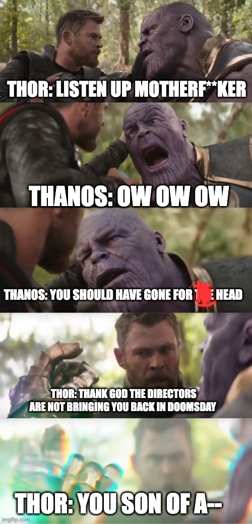 Thank God Thanos Ain't Coming Back in 2026 | THOR: LISTEN UP MOTHERF**KER; THANOS: OW OW OW; THANOS: YOU SHOULD HAVE GONE FOR THE HEAD; THOR: THANK GOD THE DIRECTORS ARE NOT BRINGING YOU BACK IN DOOMSDAY; THOR: YOU SON OF A-- | image tagged in you should have gone for the head | made w/ Imgflip meme maker