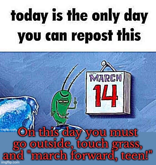 Hii | On this day you must go outside, touch grass, and "march forward, teen!" | image tagged in the day that krabs fries | made w/ Imgflip meme maker