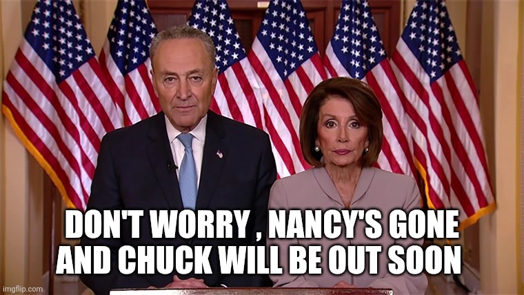 Pelosi and Schumer | DON'T WORRY , NANCY'S GONE AND CHUCK WILL BE OUT SOON | image tagged in pelosi and schumer | made w/ Imgflip meme maker