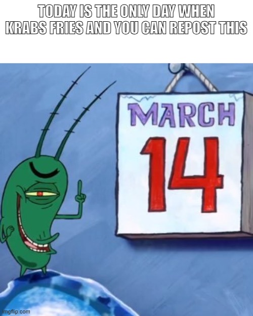 Plankton March 14th | TODAY IS THE ONLY DAY WHEN KRABS FRIES AND YOU CAN REPOST THIS | image tagged in plankton march 14th | made w/ Imgflip meme maker