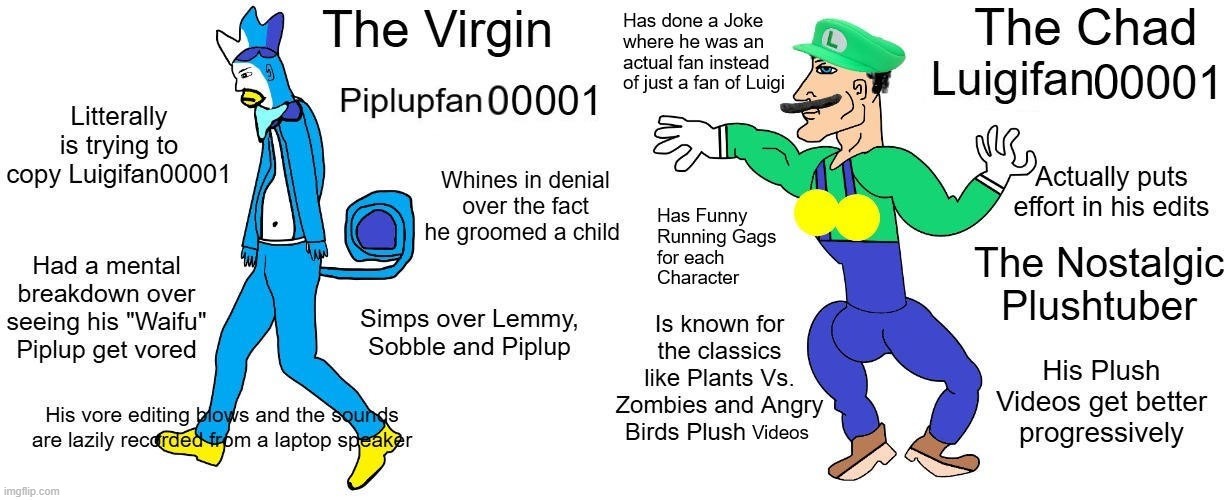 The Virgin Vs. The Chad Plushtuber Edition | image tagged in virgin vs chad,plush,youtuber | made w/ Imgflip meme maker