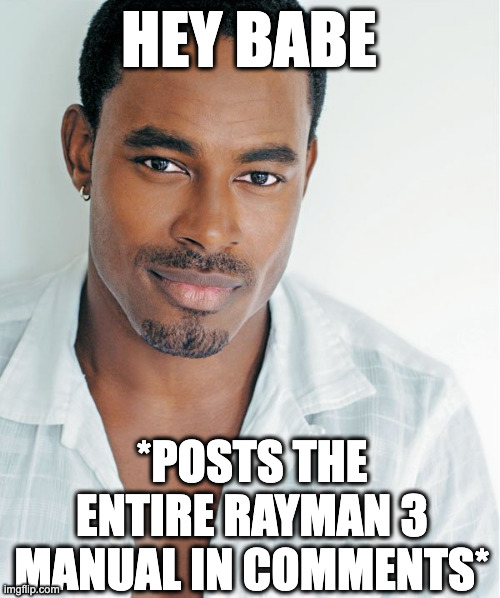 Hey babe | HEY BABE; *POSTS THE ENTIRE RAYMAN 3 MANUAL IN COMMENTS* | image tagged in hey babe | made w/ Imgflip meme maker