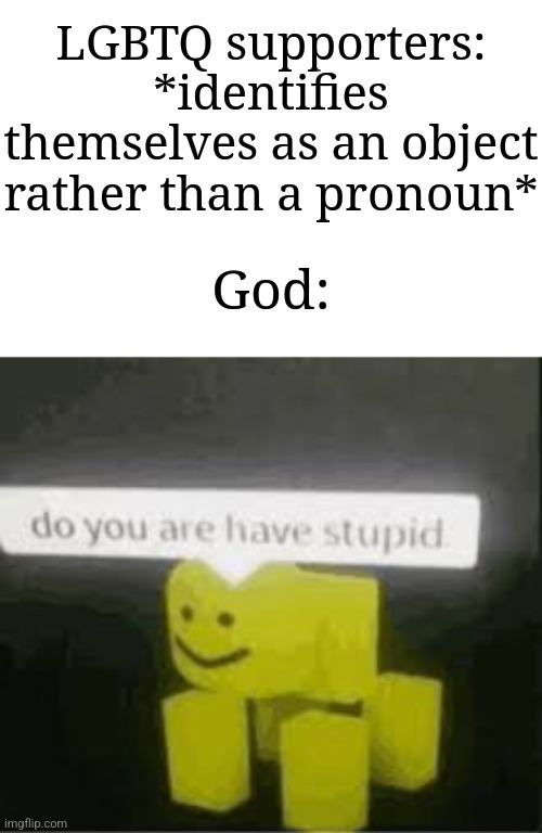 Some people just object themselves for some reason | LGBTQ supporters: *identifies themselves as an object rather than a pronoun*; God: | image tagged in do you are have stupid,memes,funny,why are you reading this | made w/ Imgflip meme maker