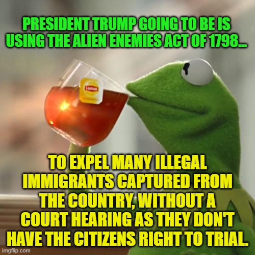 But That's None Of My Business | PRESIDENT TRUMP GOING TO BE IS USING THE ALIEN ENEMIES ACT OF 1798... TO EXPEL MANY ILLEGAL IMMIGRANTS CAPTURED FROM THE COUNTRY, WITHOUT A COURT HEARING AS THEY DON'T HAVE THE CITIZENS RIGHT TO TRIAL. | image tagged in memes,but that's none of my business,kermit the frog | made w/ Imgflip meme maker