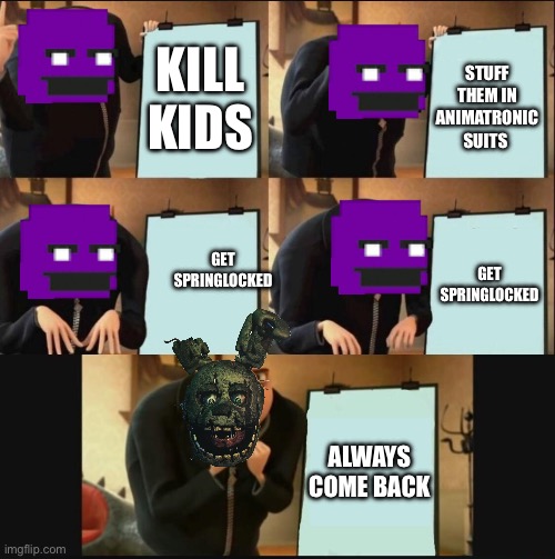 Purple Guy Be Like: | KILL KIDS; STUFF THEM IN ANIMATRONIC SUITS; GET SPRINGLOCKED; GET SPRINGLOCKED; ALWAYS COME BACK | image tagged in 5 panel gru meme | made w/ Imgflip meme maker