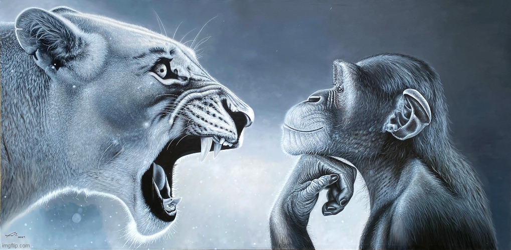 how it feels to post dandys world regretevator fpe hazbin slop solely to piss off people in this stream: | image tagged in lion roars at monkey | made w/ Imgflip meme maker