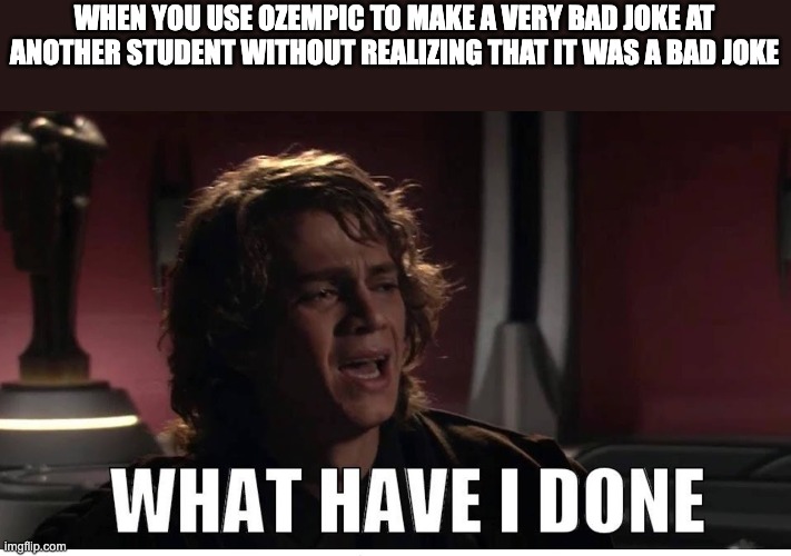 What Have I Done | WHEN YOU USE OZEMPIC TO MAKE A VERY BAD JOKE AT ANOTHER STUDENT WITHOUT REALIZING THAT IT WAS A BAD JOKE | image tagged in anakin what have i done | made w/ Imgflip meme maker