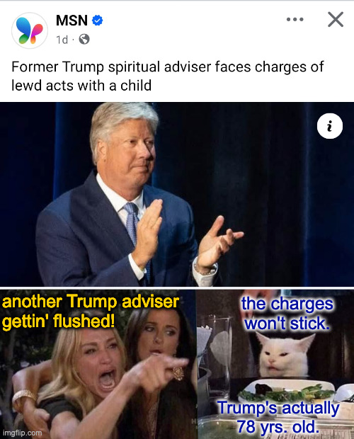 An understandable mistake. | another Trump adviser
gettin' flushed! the charges won't stick. Trump's actually
78 yrs. old. | image tagged in woman yelling at cat,memes,trump cronies | made w/ Imgflip meme maker