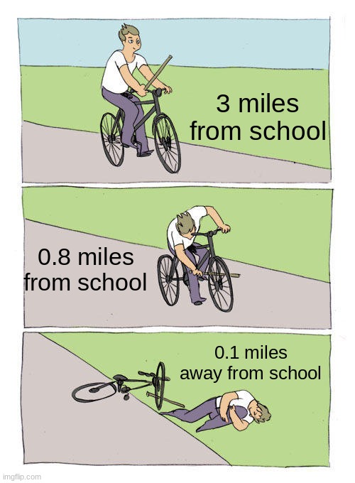 hehe | 3 miles from school; 0.8 miles from school; 0.1 miles away from school | image tagged in memes,bike fall | made w/ Imgflip meme maker