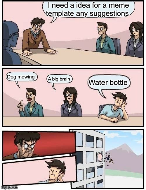 Boardroom Meeting Suggestion | I need a idea for a meme template any suggestions; Dog mewing; A big brain; Water bottle | image tagged in memes,boardroom meeting suggestion | made w/ Imgflip meme maker