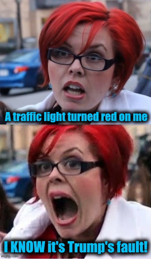 Diabolical Trumpf strikes again! | A traffic light turned red on me; I KNOW it's Trump's fault! | image tagged in big red feminist 2,memes,trump derangement syndrome,democrats,traffic light,insanity | made w/ Imgflip meme maker