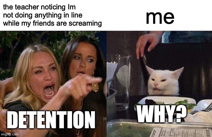 Woman Yelling At Cat | the teacher noticing Im not doing anything in line while my friends are screaming; me; WHY? DETENTION | image tagged in memes,woman yelling at cat | made w/ Imgflip meme maker