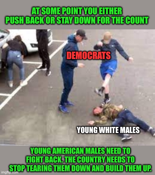 kicking when down | YOUNG AMERICAN MALES NEED TO FIGHT BACK. THE COUNTRY NEEDS TO STOP TEARING THEM DOWN AND BUILD THEM UP. AT SOME POINT YOU EITHER PUSH BACK O | image tagged in kicking when down | made w/ Imgflip meme maker