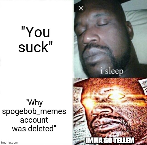 Sleeping Shaq Meme | "You suck"; "Why spogebob_memes account was deleted"; IMMA GO TELLEM | image tagged in memes,sleeping shaq | made w/ Imgflip meme maker