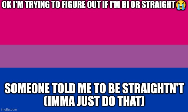 OK I'M TRYING TO FIGURE OUT IF I'M BI OR STRAIGHT😭; SOMEONE TOLD ME TO BE STRAIGHTN'T
(IMMA JUST DO THAT) | image tagged in bisexual,bi,lgbtq,straight,crisis,identity crisis | made w/ Imgflip meme maker