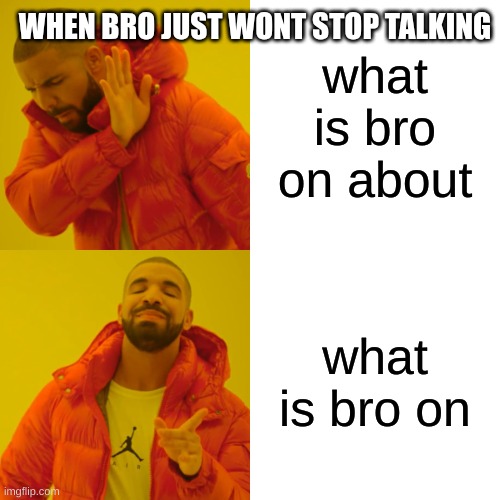 when bro just WONT stop talking | WHEN BRO JUST WONT STOP TALKING; what is bro on about; what is bro on | image tagged in memes,drake hotline bling | made w/ Imgflip meme maker