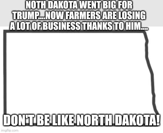 Don't be | NOTH DAKOTA WENT BIG FOR TRUMP....NOW FARMERS ARE LOSING A LOT OF BUSINESS THANKS TO HIM.... DON'T BE LIKE NORTH DAKOTA! | image tagged in trump,donald trump,tariffs,maga,nevertrump meme,trump sucks | made w/ Imgflip meme maker